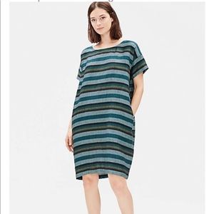 Eileen Fisher Striped Organic Linen Shift Dress Teal Blue green Size PP